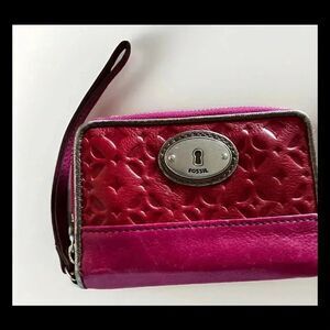 Fossil Red Wallet W/ Wrist Strap Key Zipper Charm